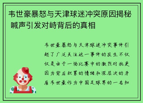 韦世豪暴怒与天津球迷冲突原因揭秘 喊声引发对峙背后的真相